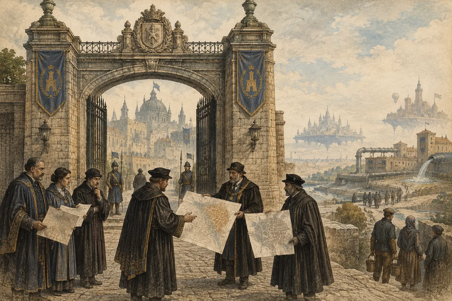 An engraved civic gate attended by officials holding conflicting maps.