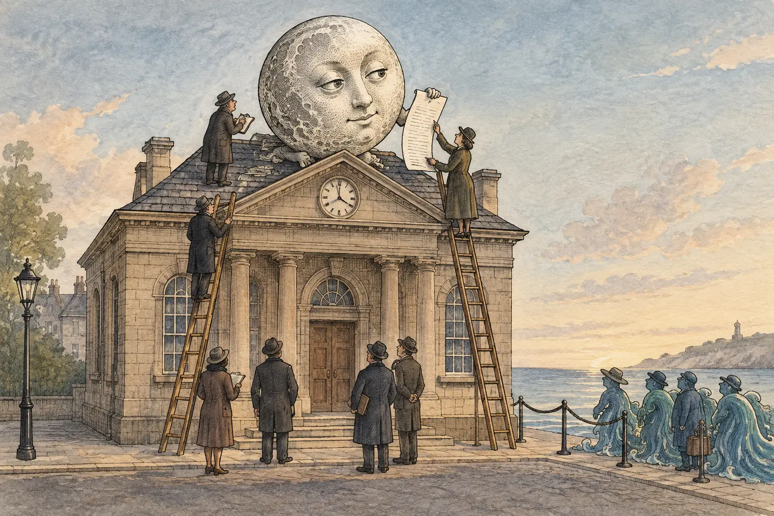 An engraved moon perched on town hall while officials investigate with ladders.