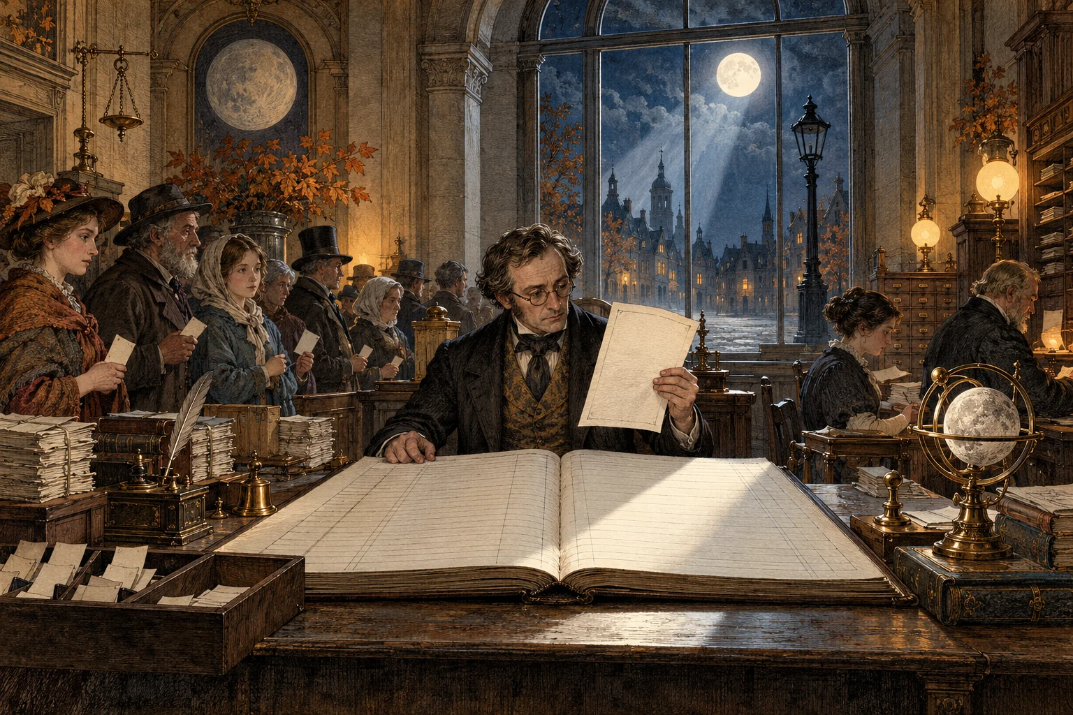 A municipal clerk holds an unsigned salary warrant beside the blank line in the Autumn Question Table ledger, while residents wait with numbered slips.