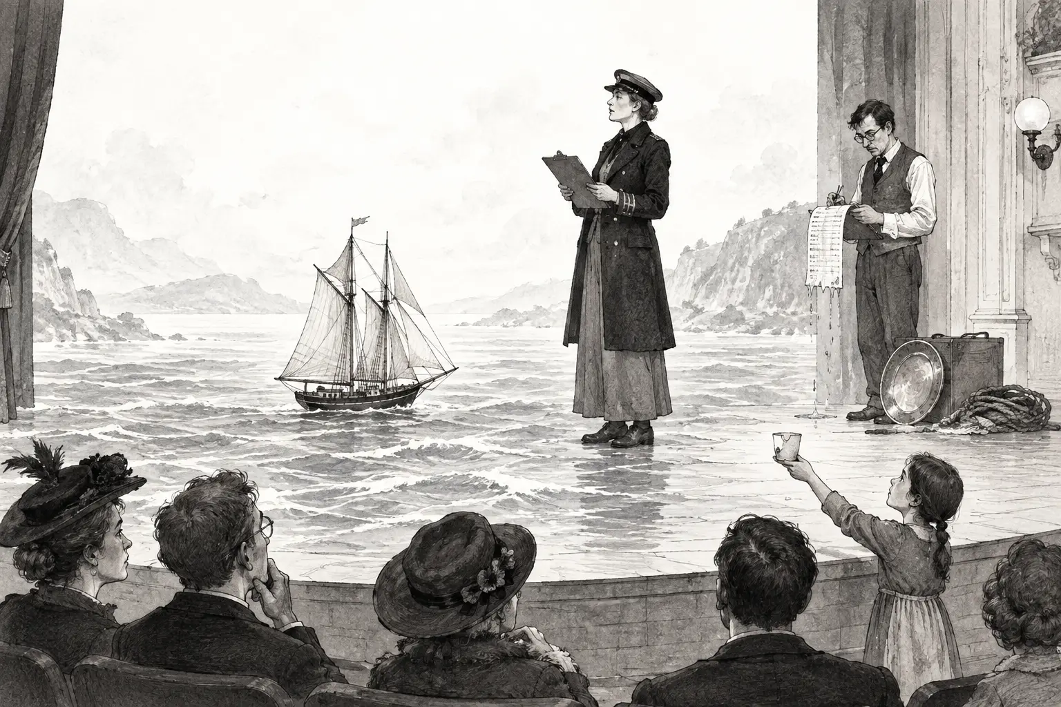 A miniature schooner crosses a painted stage as a clerk holds a dripping inventory and a child offers a chipped cup.