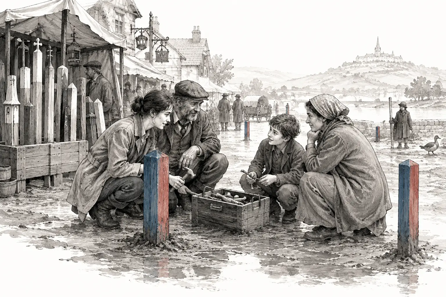 Half-red, half-blue boundary posts stand in a muddy market lane while two families share a toolbox.