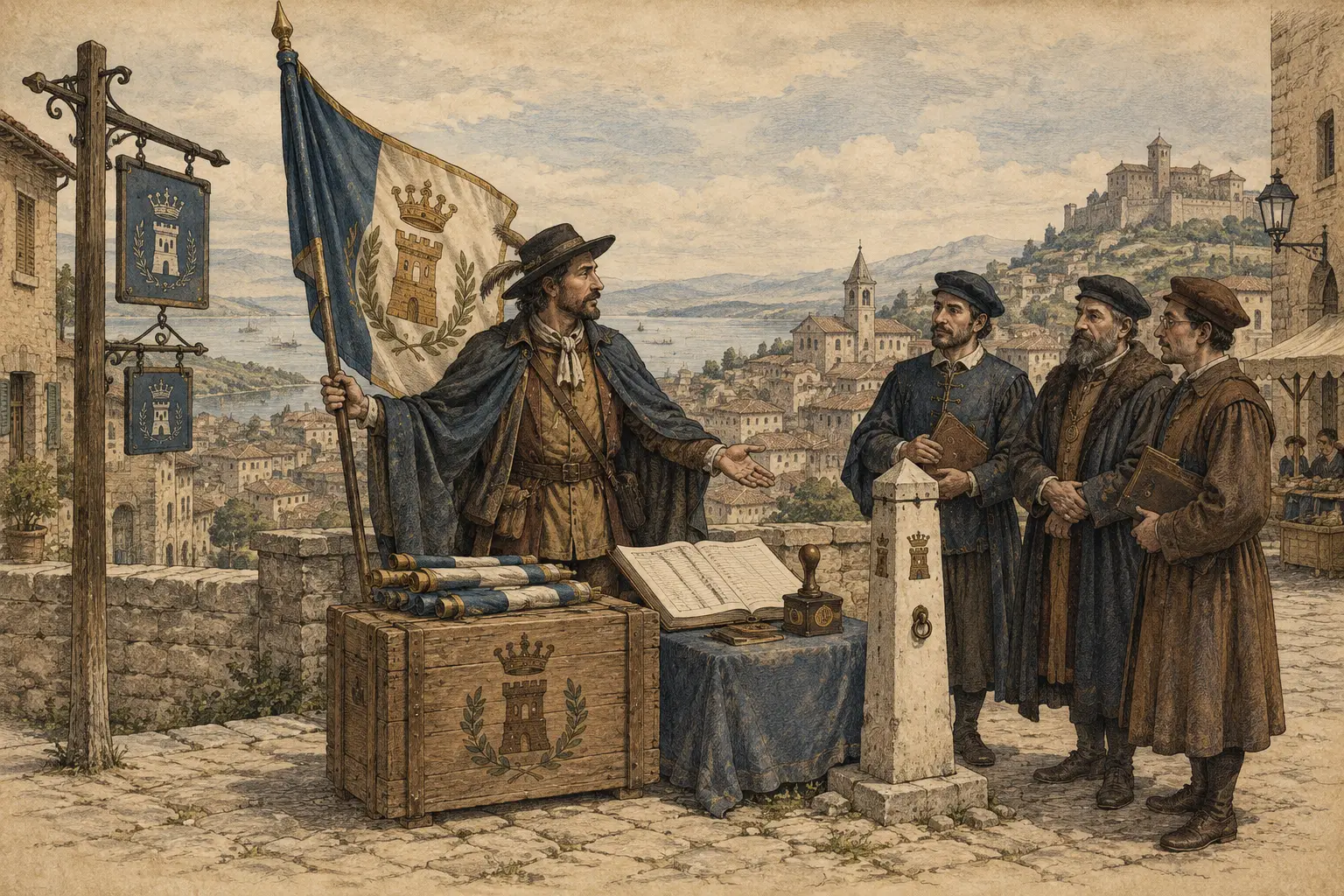 A travelling merchant displaying flags, ledgers and a portable boundary post.